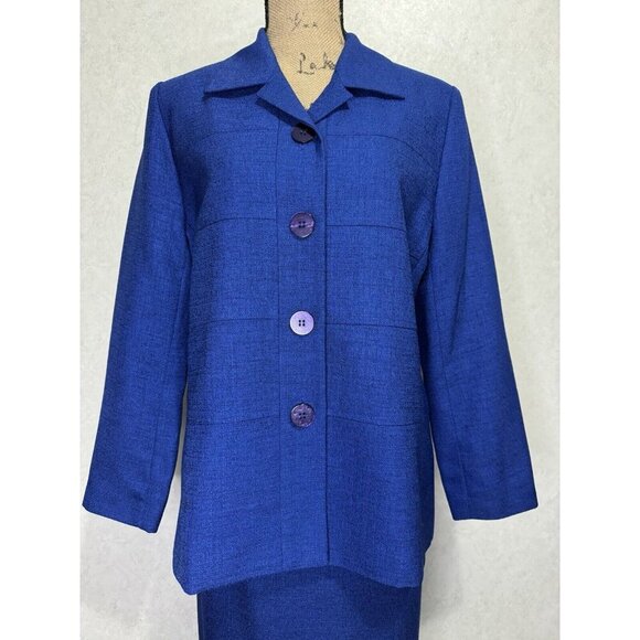 HENRY LEE Vintage Blazer Skirt Suit Set Cobalt Blue Sz Petite 12 Office READ - Picture 4 of 16